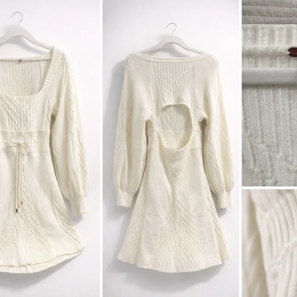 Free People Ivory Knit Mini Dress Open Back Boho Cable Sweater Dress S - Picture 2 of 5